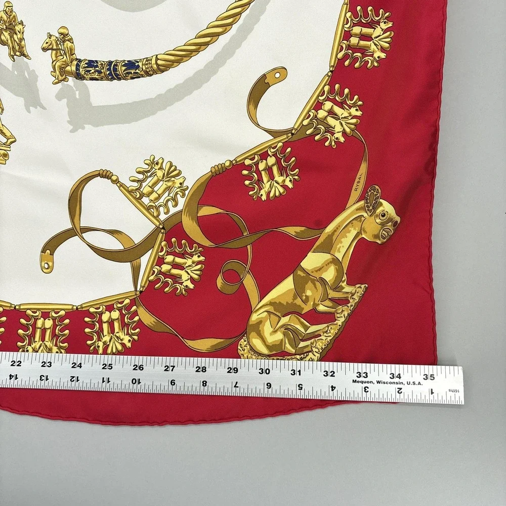 Hermes Scarf Silk Red Gold Les Cavaliers D'Or Horse Print Square Carre 90 VTG